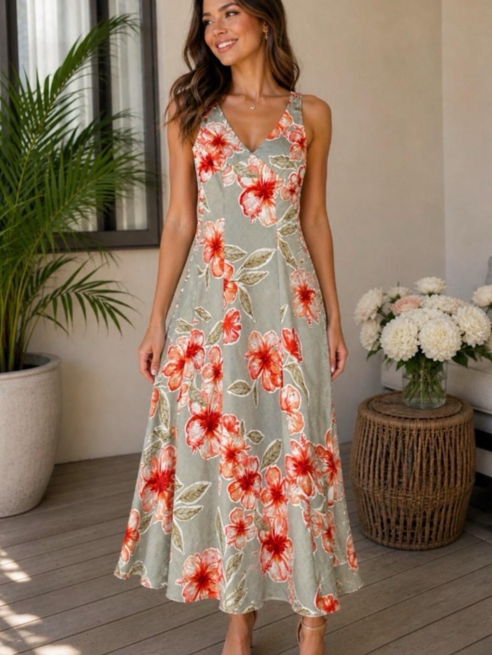 NWT Paper Heart orange floral midi dress with green leaves SZ S